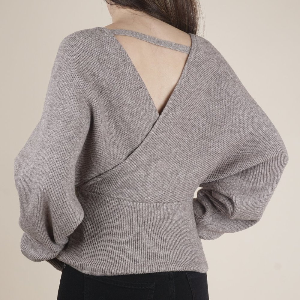 Open Back Dolman Sleeve Fine Ribbed Wrap Sweater in Grey Taupe